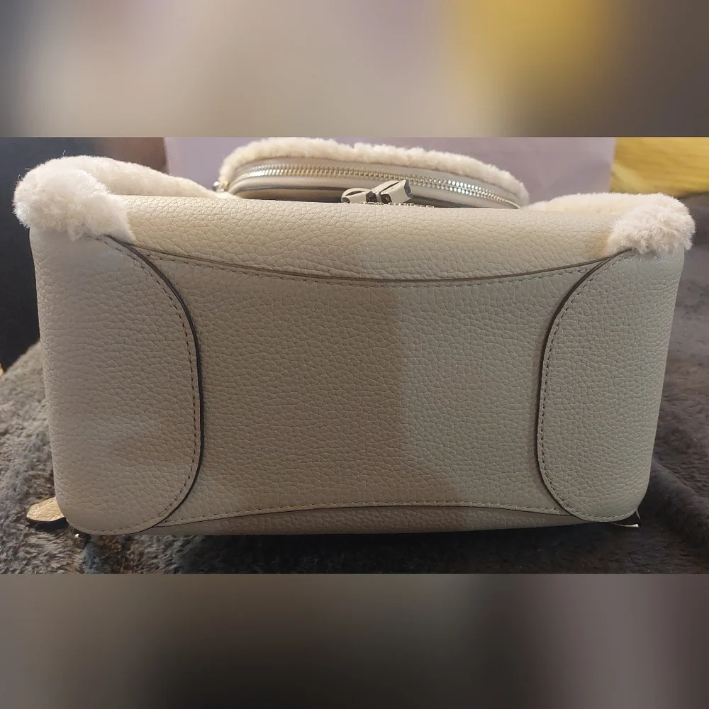 Kate Spade Leila Leather Medium Flap Backpack Faux Shearling in Light Sand